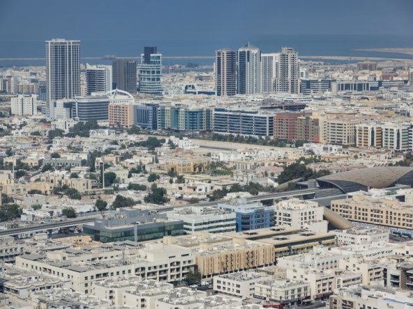 Aerial view of Dubai modern skyline showing residential and commercial towers
