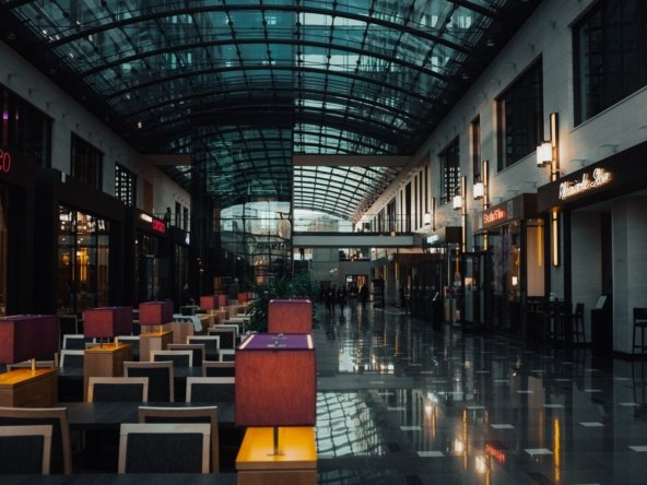 Covered shopping arcade with glass roof, restaurants and retail units, illustrating a Dubai retail property investment