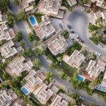Aerial photograph of villa and townhouse rooftops with pools in a gated Dubai community