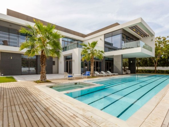 Modern luxury villa in Dubai with a long swimming pool, jacuzzi, wooden deck and palm trees