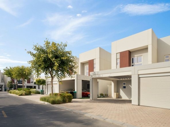 Row of modern two-storey townhouses with landscaped street under blue sky in a Dubai residential community